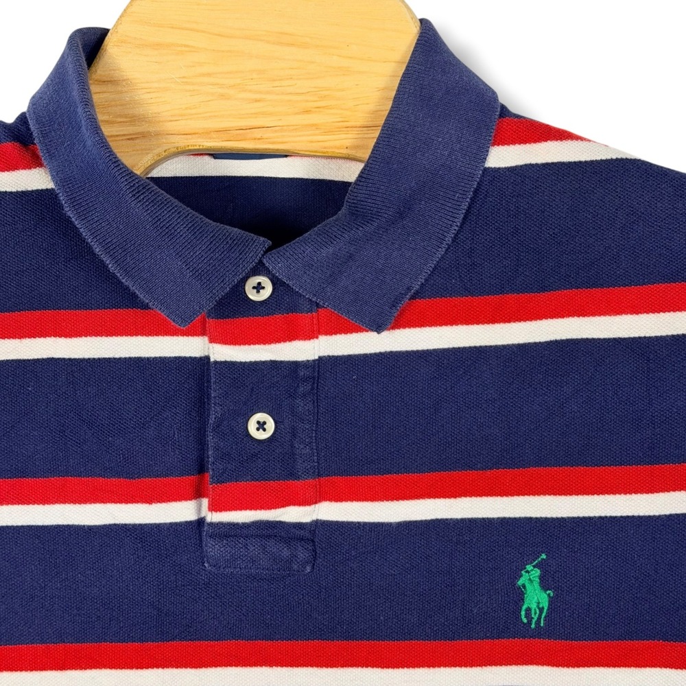 Polo Ralph Lauren Polo Shirt Men L Navy Red Striped Pique Cotton Custom Fit Pony
